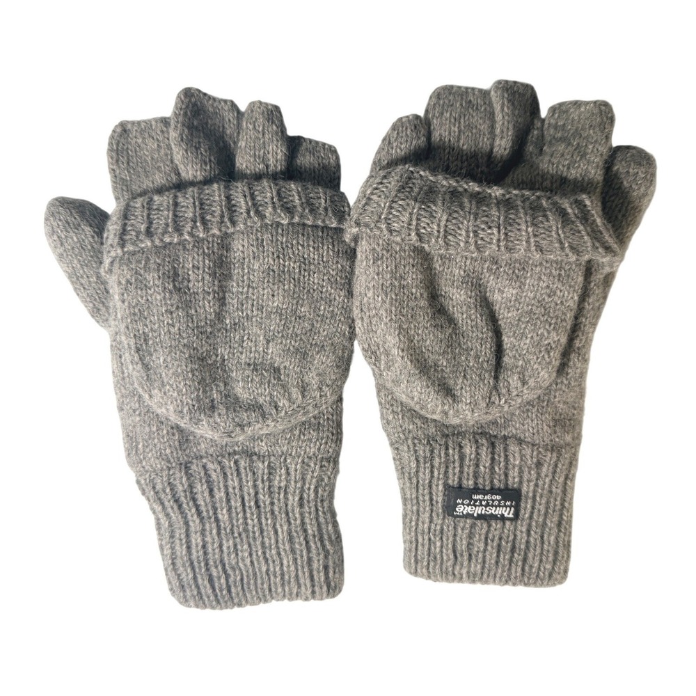 Thinsulate 40g Insulation Convertible Fingerless Mitten Gloves Grey Marl Knit